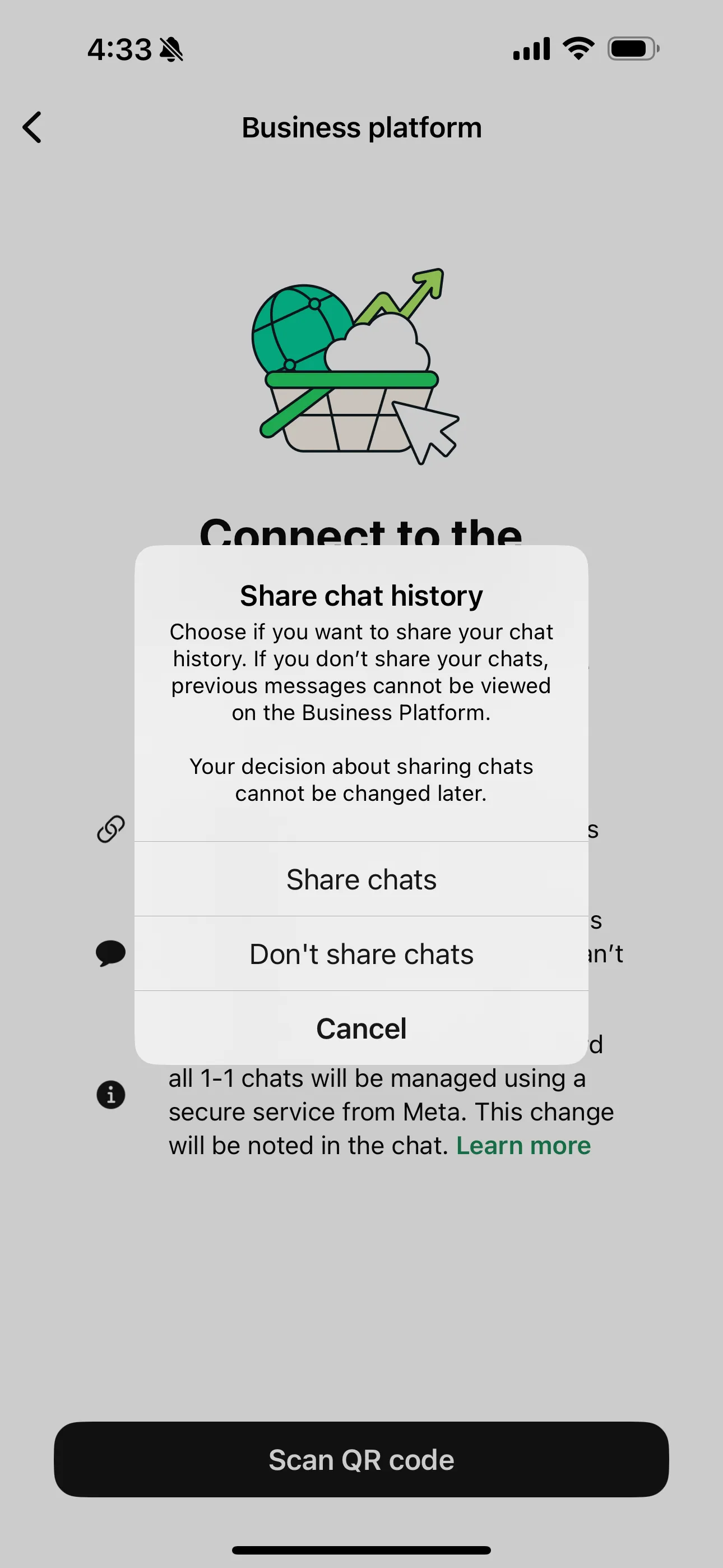 Tapping the Scan QR code button in the app then gives the business the option to share their chat history with you Tapping the Scan QR code button in the app then gives the business the option to share their chat history with you