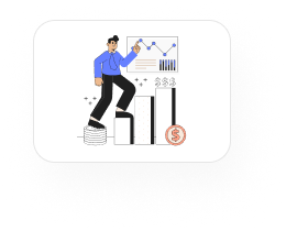 Become an Affiliate Partner 8 Illustration of a person climbing financial growth bars with charts showing rising performance.
