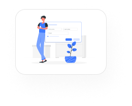 Become an Affiliate Partner 5 Illustration of a person standing beside an online form interface with a plant in the foreground