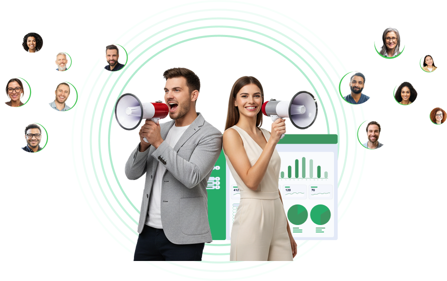 Two people using megaphones surrounded by audience profile icons and analytics charts, representing marketing outreach.