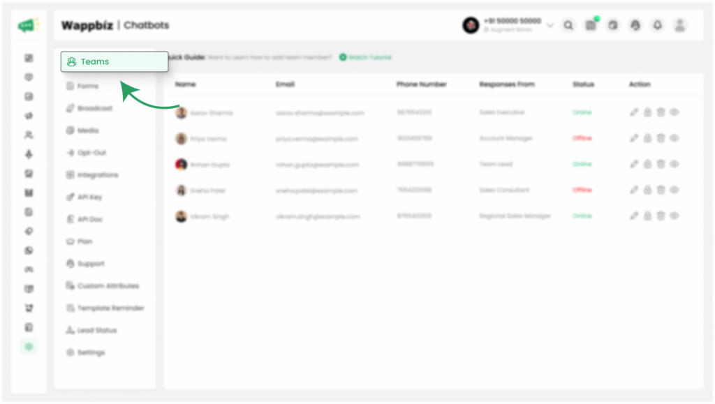 Click on Teams to open the Team Management page